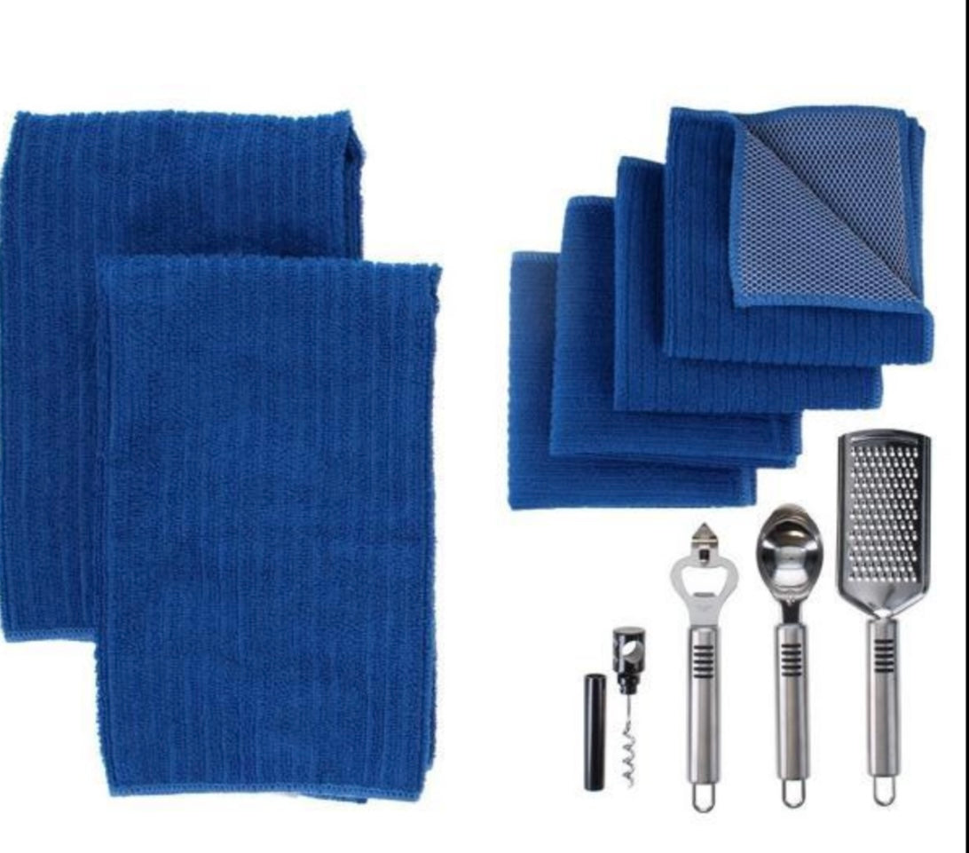 10PC GIFT SET W/ GRATER, ICE CREAM
SCOOP, BOTTLE OPENER, WINE OPENER, 2
KITCHEN TOWELS, & 4 MICROFIBER DISH
CLOTHS