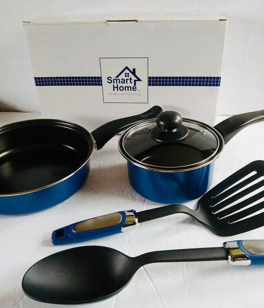 5 piece non-stick cookware set, metallic blue