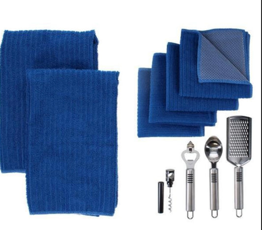 10PC GIFT SET W/ GRATER, ICE CREAM
SCOOP, BOTTLE OPENER, WINE OPENER, 2
KITCHEN TOWELS, & 4 MICROFIBER DISH
CLOTHS